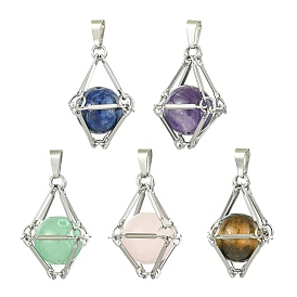 Natural Mixed Gemstone Stainless Steel Wrapped Pendants, Round Charms, Stainless Steel Color
