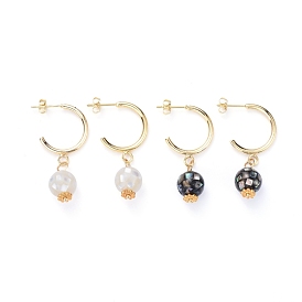 Dangle Stud Earrings, with Natural Shell Beads, 304 Stainless Steel Findings and Brass Findings, Golden