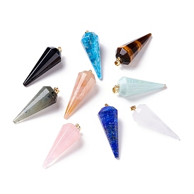 Natural Gemstone Pendants, with Real 18K Gold Plated Brasss Findings, Faceted, 12 Facets Cone/Spike/Pendulum