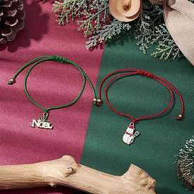 2Pcs Christmas Alloy Enamel Charm Bracelets, Nylon Thread Braided Adjustable Bracelets, Snowman & Letter Noel