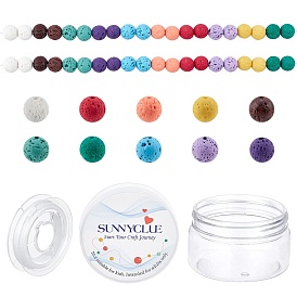 SUNNYCLUE 200Pcs DIY Natural & Dyed Lava Rock Beaded Stretch Bracelet Making Kits, Including 10 Colors Round Beads and Flat Elastic Thread