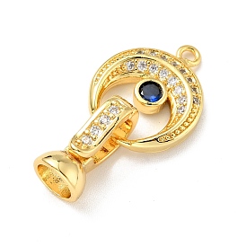 Rack Plating Brass Micro Pave Clear & Blue Cubic Zirconia Fold Over Clasps, Cadmium Free & Lead Free, Long-Lasting Plated, Moon