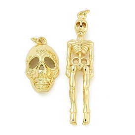 Halloween Theme Rack Plating Brass Pendants, Long-Lasting Plated, Lead Free & Cadmium Free, Skull Charm