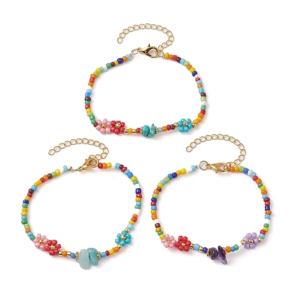 3Pcs 3 Style Natural & Synthetic Mixed Gemstone Chips Beaded Bracelets Set, Flower Glass Seed Stackable Bracelets