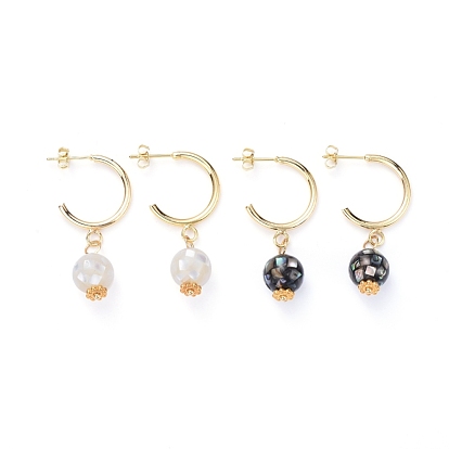 Dangle Stud Earrings, with Natural Shell Beads, 304 Stainless Steel Findings and Brass Findings, Golden