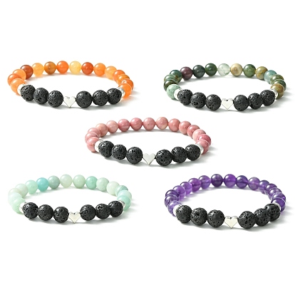 Эластичный браслет из смешанного камня, лавового камня и сплава с сердечками из бисера