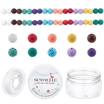 200Pcs DIY Natural & Dyed Lava Rock Beaded Stretch Bracelet Making Kits, Including 10 Colors Round Beads and Flat Elastic Thread