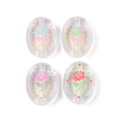 Прозрачного акрилового печатных бисера, овальные с цветком