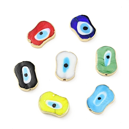 Rack Plating Handmade Evil Eye Lampwork Beads, with Brass Findings, Long-Lasting Plated, Oval