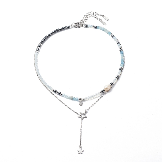 2 piezas 2 estilo 304 concha de acero inoxidable y dijes de estrella collares lariat engastados con perla natural, collares de cuentas de opalita y aguamarina natural y hematita sintética para mujer