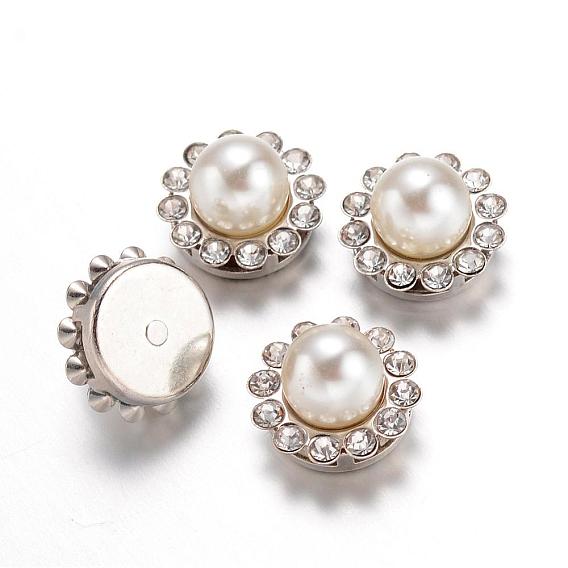 Imitation Pearl ABS Plastic Cabochons, with Platinum Tone Brass Rhinestone Findings, Flower, 11.5x11.5x8mm