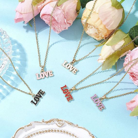 5 шт. 5 цвета тематика день святого валентина сплав эмаль слово любовь кулон ожерелья, 304 женские ожерелья-цепочки из нержавеющей стали, золотые
