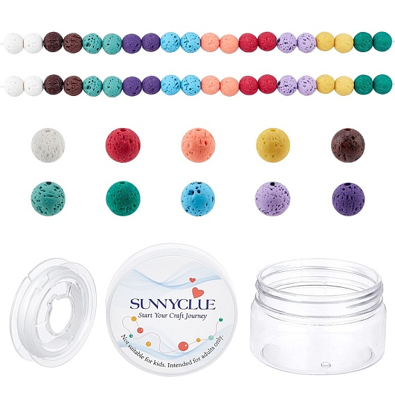200Pcs DIY Natural & Dyed Lava Rock Beaded Stretch Bracelet Making Kits, Including 10 Colors Round Beads and Flat Elastic Thread