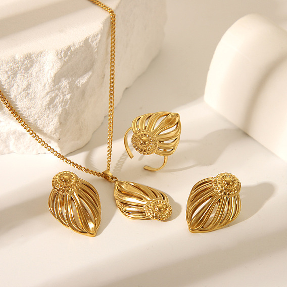 Французский стиль, полые листья 304 серьги-гвоздики из нержавеющей стали, ожерелья с подвесками и кольца-манжеты для женщин