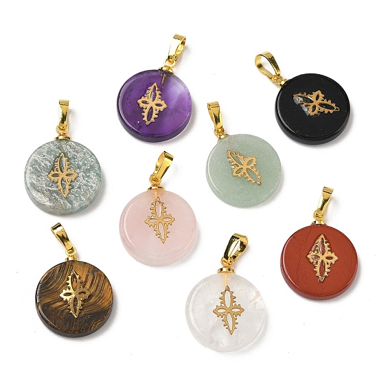 Природные каменные подвески, плоские круглые подвески золотистого оттенка 304 кусочки цветов из нержавеющей стали и латунные застежки-кнопки