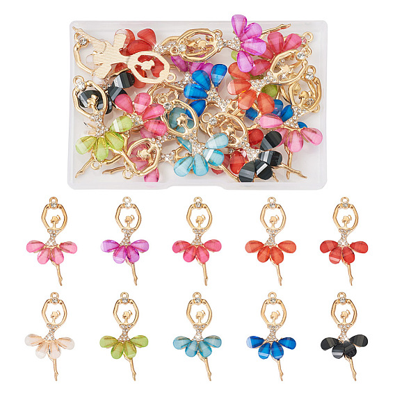 20шт 10 цветной сплав большие подвески, со смолой и хрустальными стразами, граненые, прелести балерины, золотые