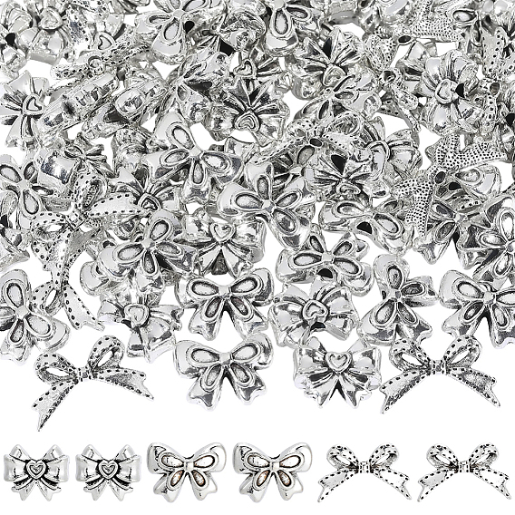 90Pcs 3 Styles Tibetan Style Alloy Beads, Cadmium Free & Lead Free, Bowknot