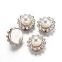 Imitation Pearl ABS Plastic Cabochons, with Platinum Tone Brass Rhinestone Findings, Flower, 11.5x11.5x8mm
