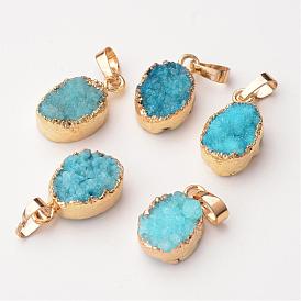 Oval Natural Druzy Agate Pendants, with Golden Tone Brass Findings, Dyed, 21~24x12~14x8~9mm, Hole: 5x8mm