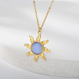 Minimalist Sunflower Pendant Necklace for Women with Australian Opal Inlay