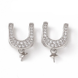 Brass Micro Pave Clear Cubic Zirconia Fold Over Clasps, U Shaped Clasps Findings, for Half Hole Bead
