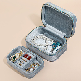 2-Tier Velvet Jewelry Set Storage Organizer Zipper Boxes, for Earrings, Rings, Bracelets, Necklaces, Rectangle
