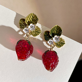 Alloy & Rhinestone & Enamel Leaf Stud Earrings, Resin Strawberry Dangle Earrings, Golden