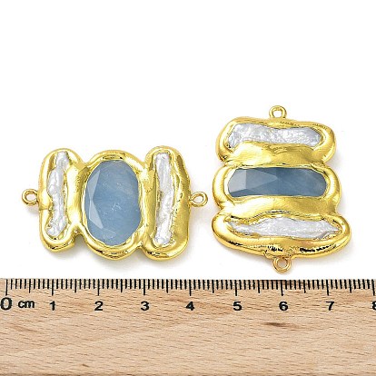 Rack Plating Brass Connector Charms, with Natural Keshi Pearl and Dyed Jade, Long-Lasting Plated, Bowknot Links