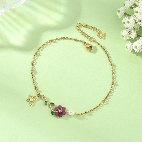 Natural Ruby Beaded Flower Link 304 Stainless Steel Cable Chain Anklets with Natural Pearl for Women