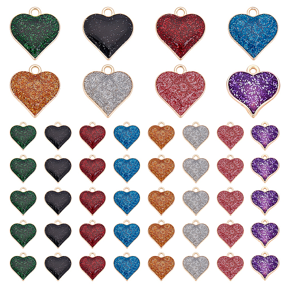 48Pcs 8 Colors Zinc Alloy Pendants, Heart, with Enamel & Glitter Powder, Light Gold