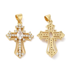 Brass Micro Pave Cubic Zirconia Pendants, Lead Free & Cadmium Free, Cross Charms, Real 18K Gold Plated