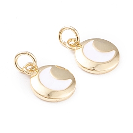 Brass Enamel Charms, with Jump Rings, Long-Lasting Plated, Flat Round with Moon