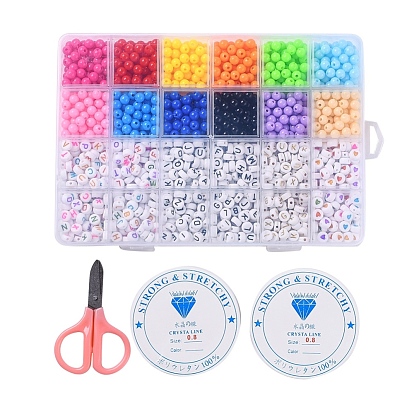 DIY Jewelry Finding Kit, Including Round & Flat Round Plastic & Acrylic Letter Beads, Elastic Stretch Thread and Stainless Steel Scissors