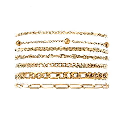7 шт. 304 набор цепей-браслетов для женщин из нержавеющей стали с панцирными цепями, цепями в виде волн, цепями-тросами, цепями Фигаро и цепями из пшеницы