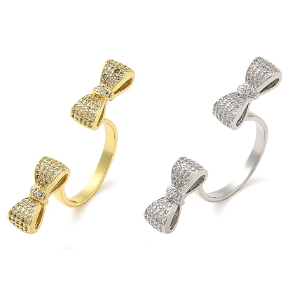 Brass Micro Pave Cubic Zirconia Cuff Rings, Cadmium Free & Lead Free, Bowknot