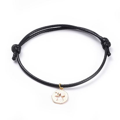 Pulseras de cordón, con cordón de poliéster encerado coreano ecológico y dijes de latón, plano y redondo con estrellas de mar / estrellas de mar