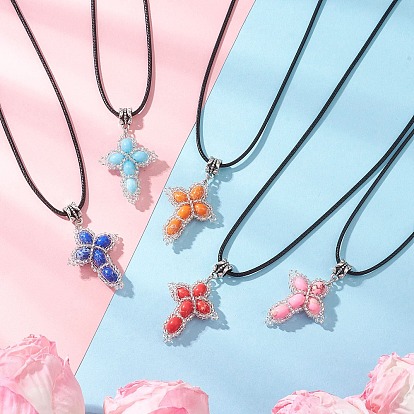 Окрашенная синтетическая императорская яшма с подвеской-крестом из стеклянных бусин, ожерелья из черного вощеного хлопкового шнура, цвет нержавеющей стали