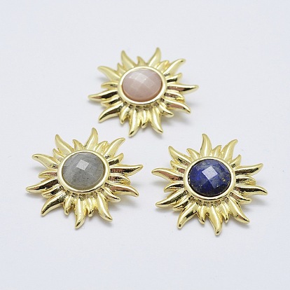 Natural Mixed Stone Pendants, with Brass Findings, Sun