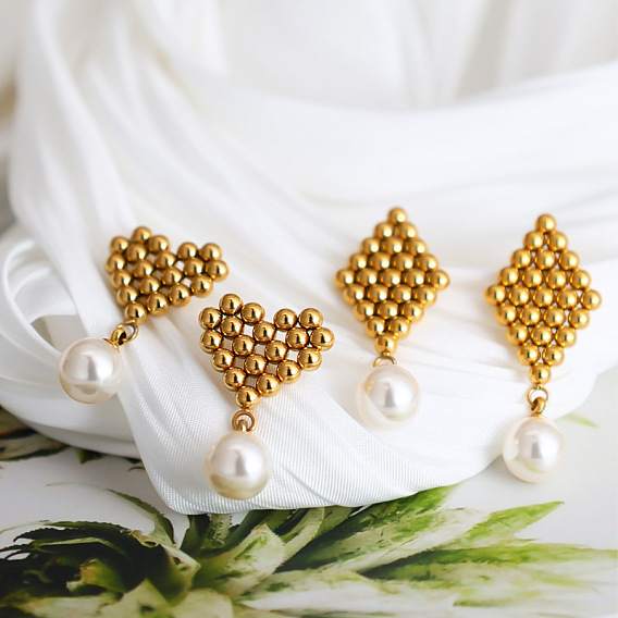 304 Серьги-гвоздики из нержавеющей стали с искусственным жемчугом, золотые