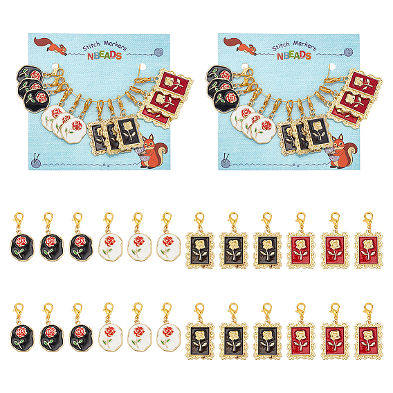 Прямоугольник и овал с маркерами-подвесками в виде розочек, подвески из сплава эмали крючком с застежкой-лобстером, маркер с замком и кольцом с подвеской в виде винного бокала