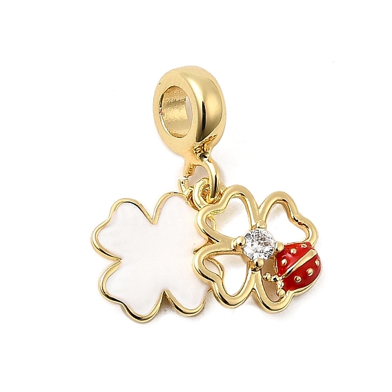 Латунные европейские подвески с подвесками, с кубического циркония и эмали, клевер и божья коровка, Подвески с большими отверстиями, долговечный, без свинца и без кадмия, стойки покрытие