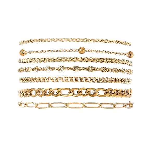 7 шт. 304 набор цепей-браслетов для женщин из нержавеющей стали с панцирными цепями, цепями в виде волн, цепями-тросами, цепями Фигаро и цепями из пшеницы