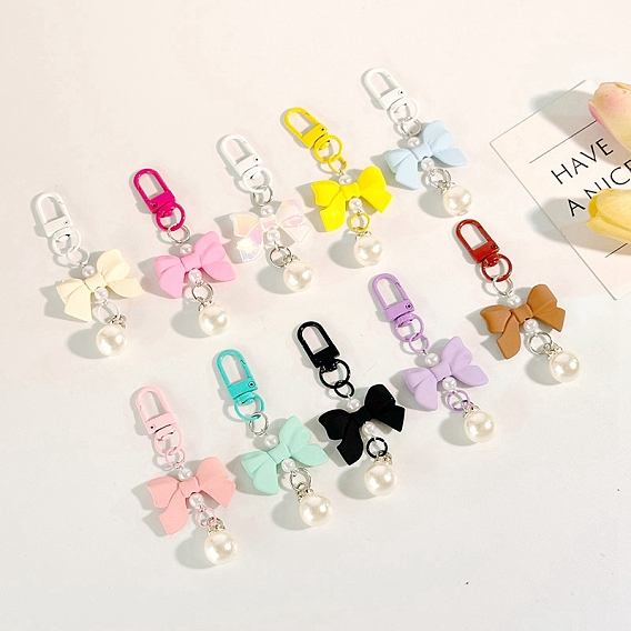 Macaron Color Plastic Bowknot and Round Pendant Keychain, with Clasp
