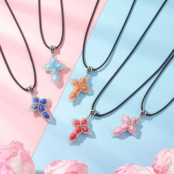 Окрашенная синтетическая императорская яшма с подвеской-крестом из стеклянных бусин, ожерелья из черного вощеного хлопкового шнура, цвет нержавеющей стали