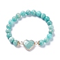 Natural Gemstone Stretch Heart Link Bracelets, with Light Gold Plated Brass Findings, Round