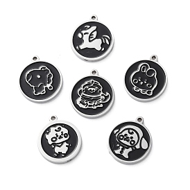 304 Stainless Steel Black Enamel Charms, Stainless Steel Color, Flat Round Charm