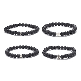 4Pcs 4 Style Heart & Round & Flat Round Alloy & Natural Lava Rock Beaded Stretch Bracelets Set for Women