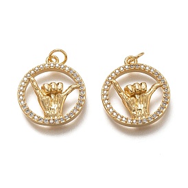 Brass Micro Pave Clear Cubic Zirconia Pendants, with Jump Rings, Flat Round with Shaka Gesture, Long-Lasting Plated