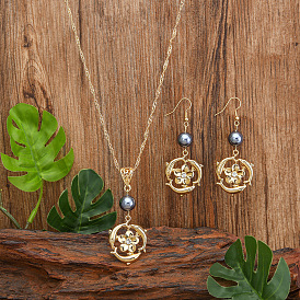 Комплекты ожерелий и серег с подвесками из сплава, хрустальных страз и пластикового жемчуга, цветок