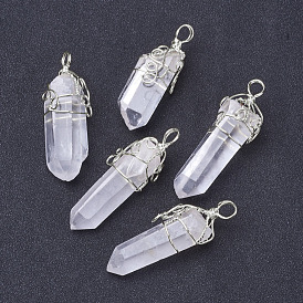 Natural Quartz Crystal Double Terminated Pointed Big Pendants, with Silver Tone Brass Findings, Bullet